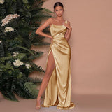 Robe Maxi Satinée Fendue Drapée Glamour Élégance