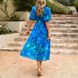 Robe Midi Fleurie à Fente et Manches Courtes
