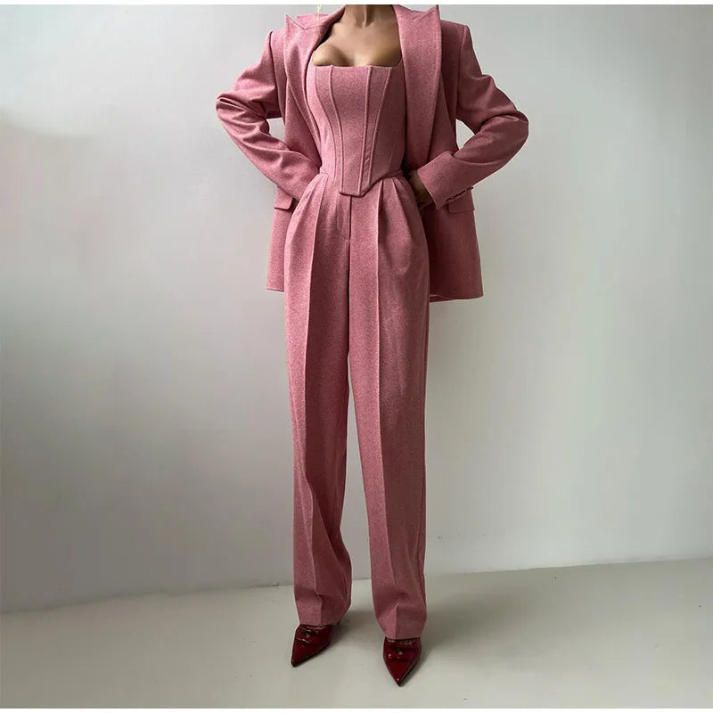 Ensemble Trois Pièces Femme Blazer Gilet Pantalon Élégant