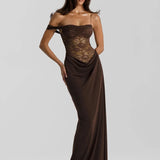 Robe Longue Dentelle Bardot Élégance Raffinée