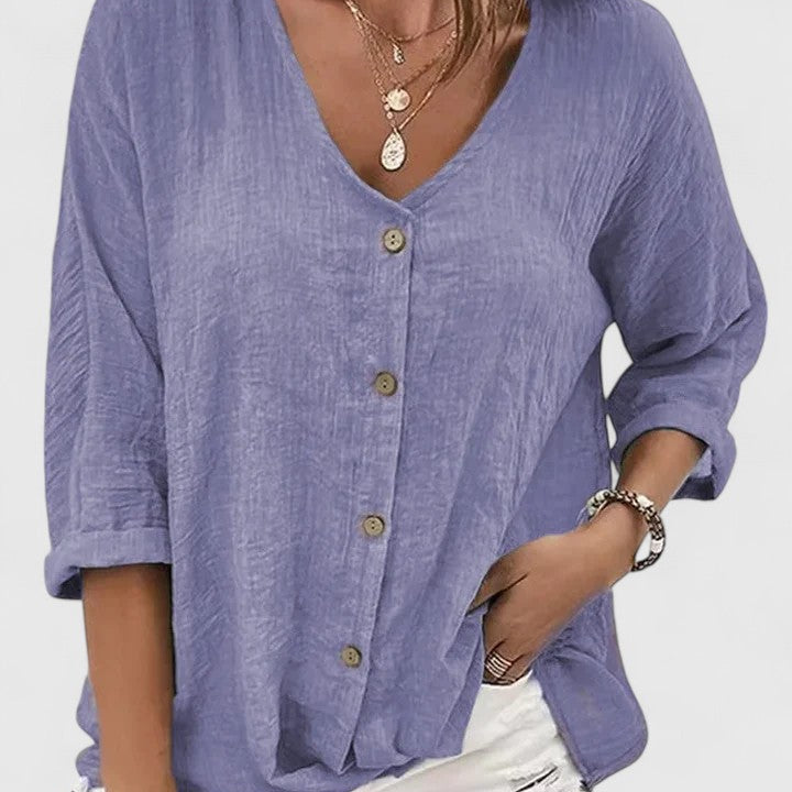 Blouse Boutonnée à Col V et Manches Trois-Quarts
