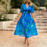 Robe Midi Fleurie à Fente et Manches Courtes