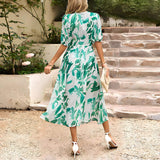 Robe Midi Fleurie à Fente et Manches Courtes