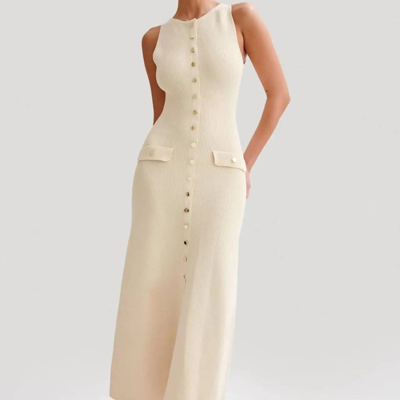 Robe Midi Sans Manches à Boutons