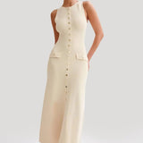 Robe Midi Sans Manches à Boutons