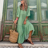 Robe Longue Femme Fleurie à Col V Boutonnée