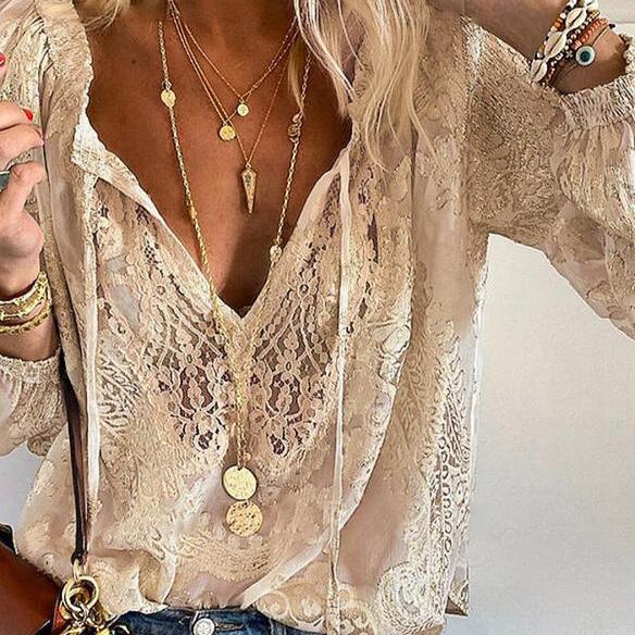 Blouse Bohème Dentelle Femme – Haut Col V Chic