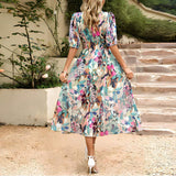 Robe Midi Fleurie à Fente et Manches Courtes