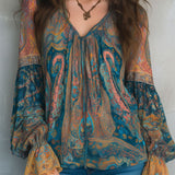 Blouse Femme Imprimée à Col V et Manches Longues
