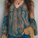 Blouse Femme Imprimée à Col V et Manches Longues