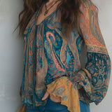 Blouse Femme Imprimée à Col V et Manches Longues