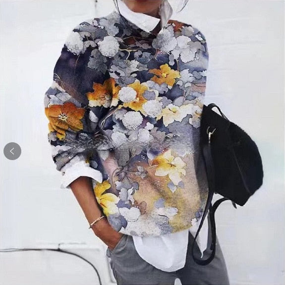 Pull Femme Imprimé Floral Artistique – Sweat Élégant Tendance