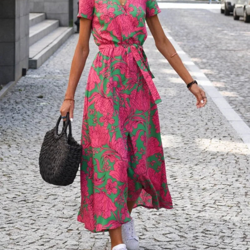 Robe Midi Femme Fleurie Cache-Cœur à Col V
