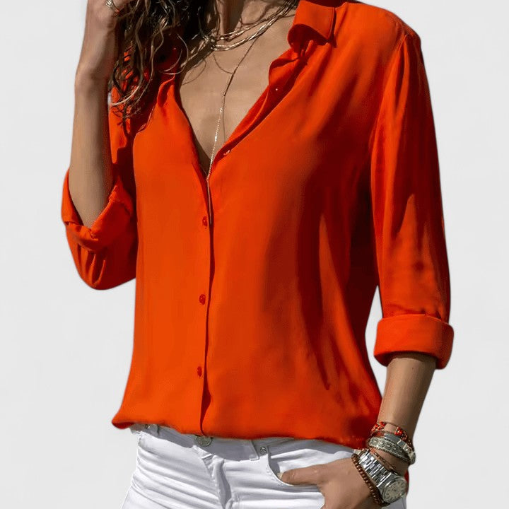 Blouse Fluide à Col V et Manches Longues
