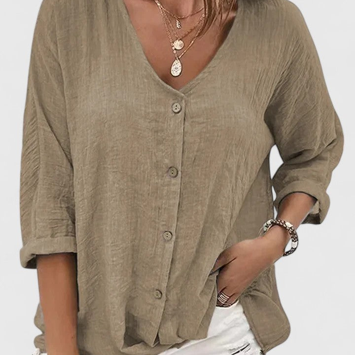 Blouse Boutonnée à Col V et Manches Trois-Quarts