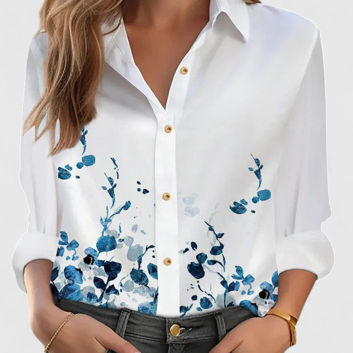 Chemise Fleurie à Col Classique et Manches Retroussées
