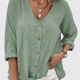 Blouse Boutonnée à Col V et Manches Trois-Quarts