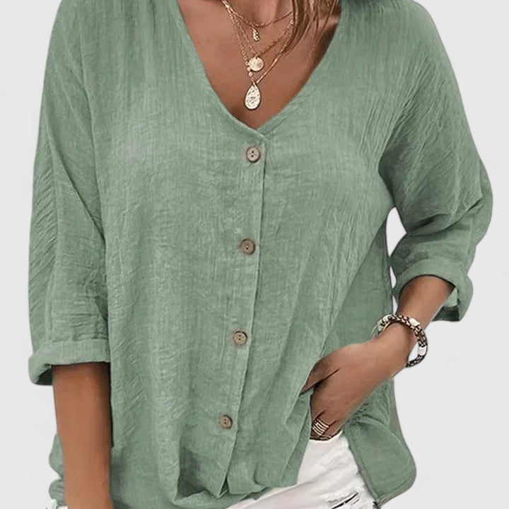 Blouse Boutonnée à Col V et Manches Trois-Quarts