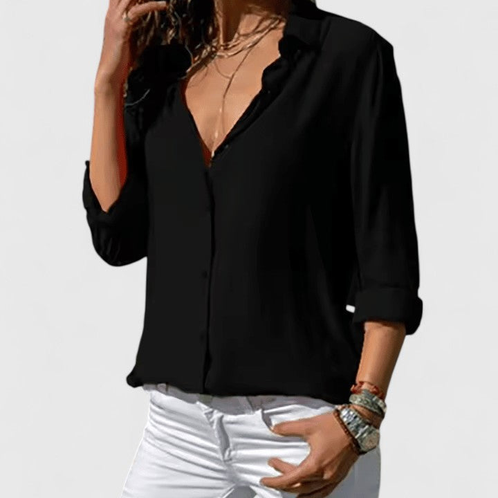 Blouse Fluide à Col V et Manches Longues