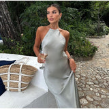 Robe Maxi Satinée Dos Nu Col Halter Élégance