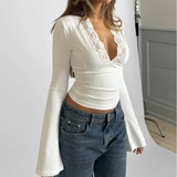 Top Dentelle Col V Manches Longues Élégance Féminine