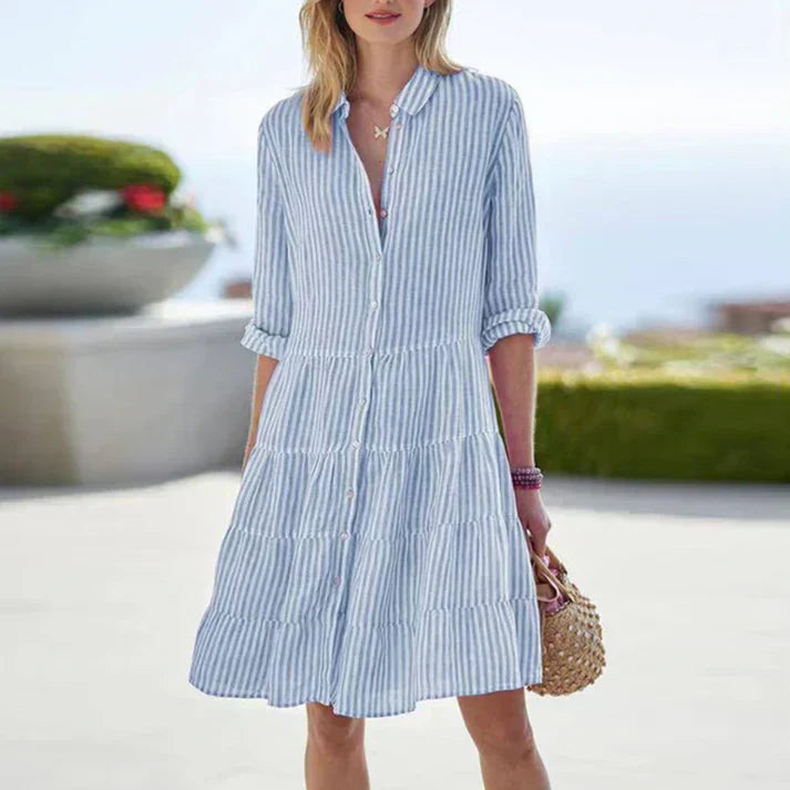 Robe Chemise Rayée Courte Fluide Boutonnée Style Estival