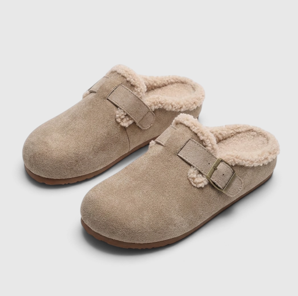 Sabots mules femme en suédine doublés sherpa à boucle