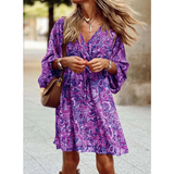 Robe Courte Imprimée Bohème Manches Longues Coupe Fluide Chic