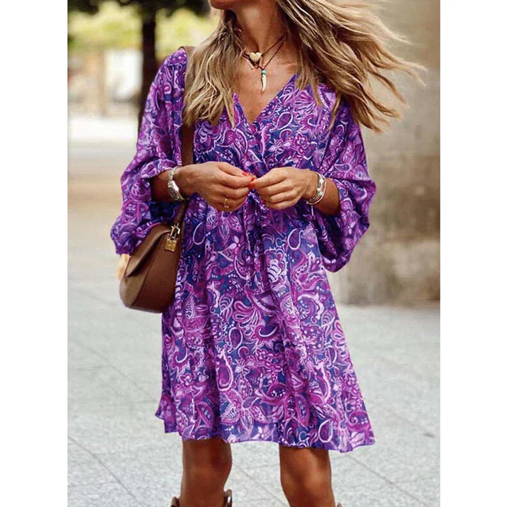 Robe Courte Imprimée Bohème Manches Longues Coupe Fluide Chic