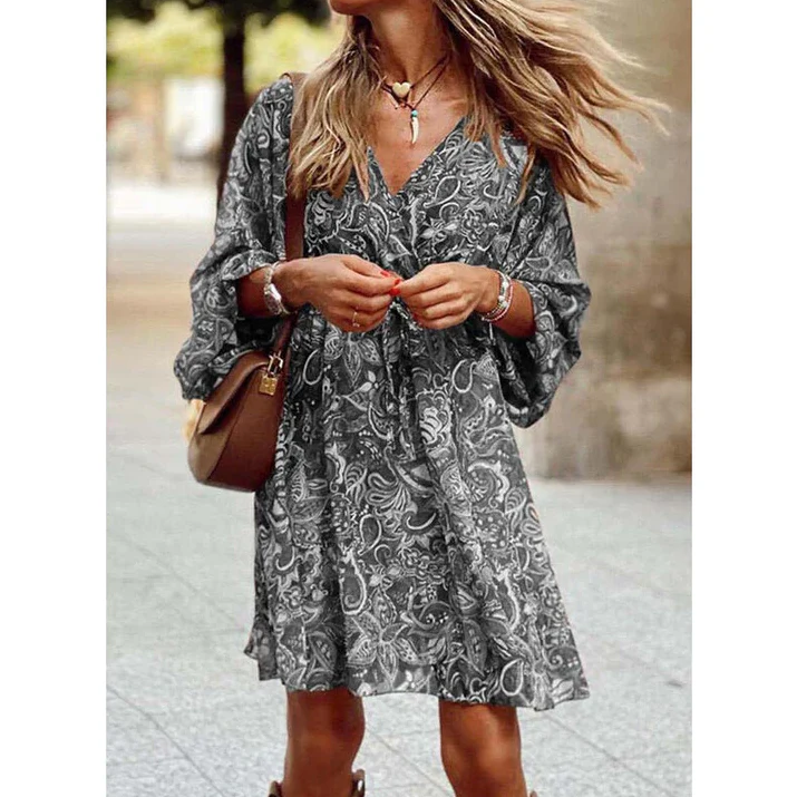 Robe Courte Imprimée Bohème Manches Longues Coupe Fluide Chic