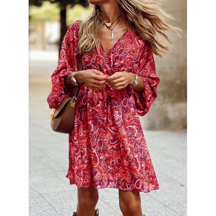 Robe Courte Imprimée Bohème Manches Longues Coupe Fluide Chic
