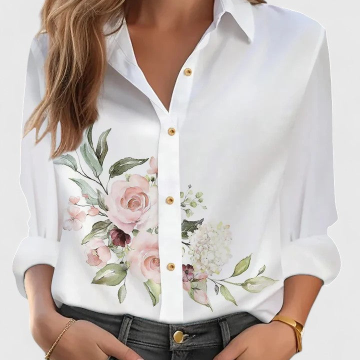 Chemise Fleurie à Col Classique et Manches Retroussées