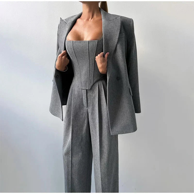Ensemble Trois Pièces Femme Blazer Gilet Pantalon Élégant