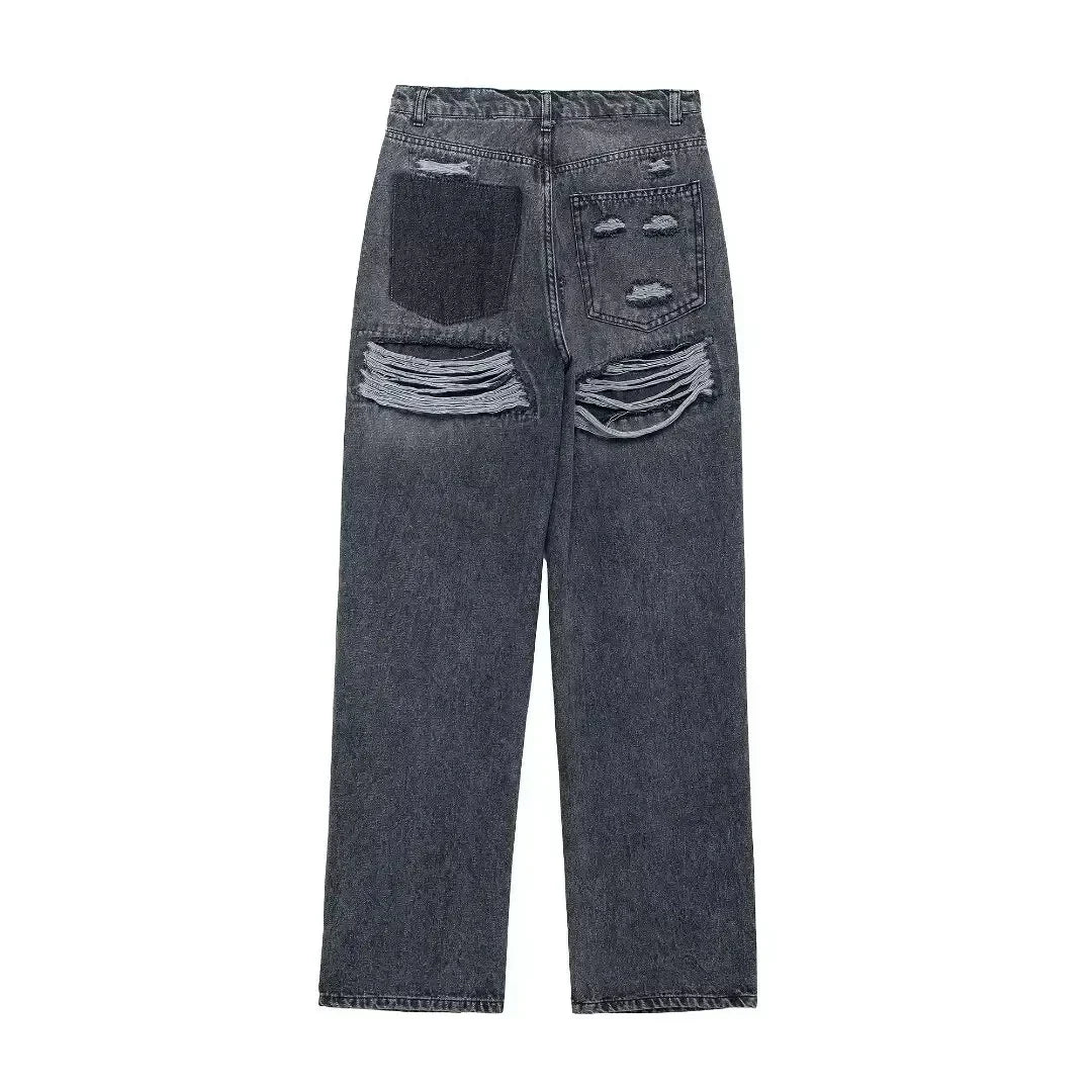 Jean Taille Haute Patchwork Denim Vintage Coupe Droite