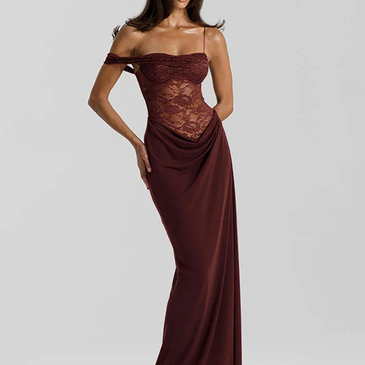 Robe Longue Dentelle Bardot Élégance Raffinée