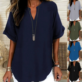 Blouse Femme Ample à Col V et Manches Courtes