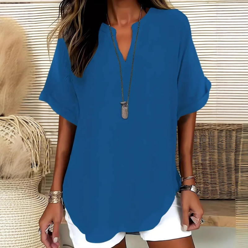 Blouse Femme Ample à Col V et Manches Courtes