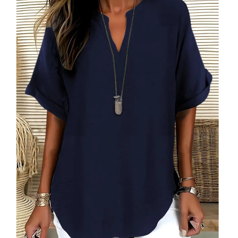 Blouse Femme Ample à Col V et Manches Courtes