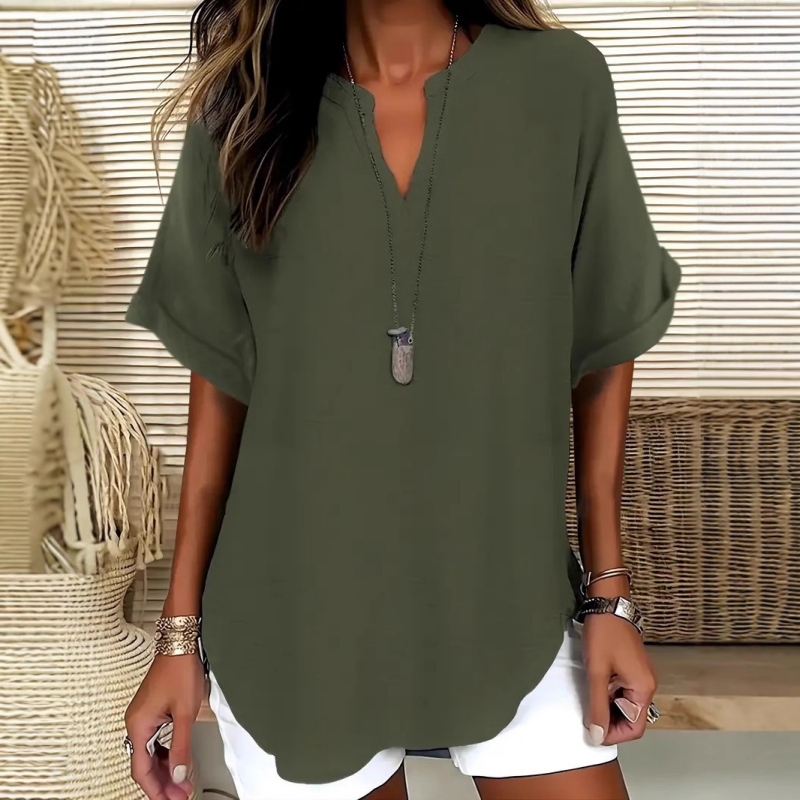 Blouse Femme Ample à Col V et Manches Courtes