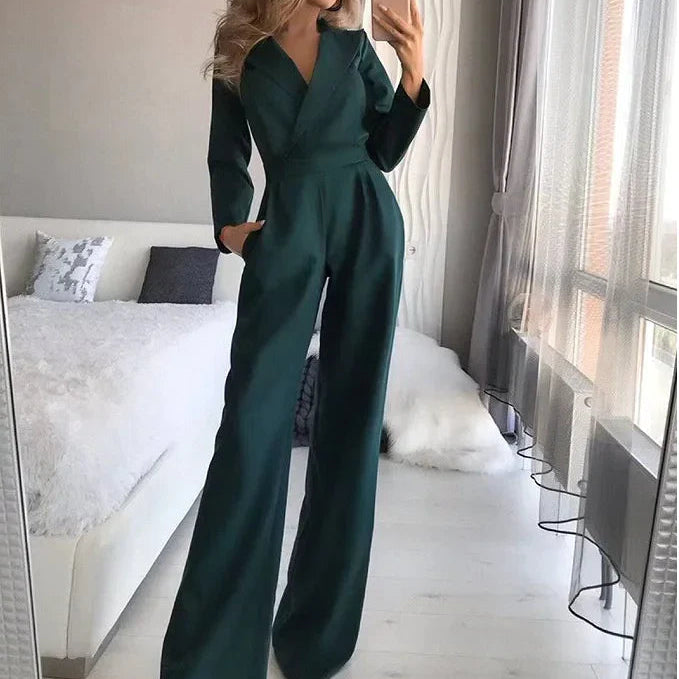 Combinaison Tailleur Col Croisé Pantalon Large Élégance