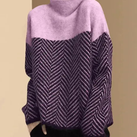 Pull Col Montant Motif Chevron Maille Chaude Élégante