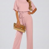 Combinaison femme ceinturée à jambes larges et col V