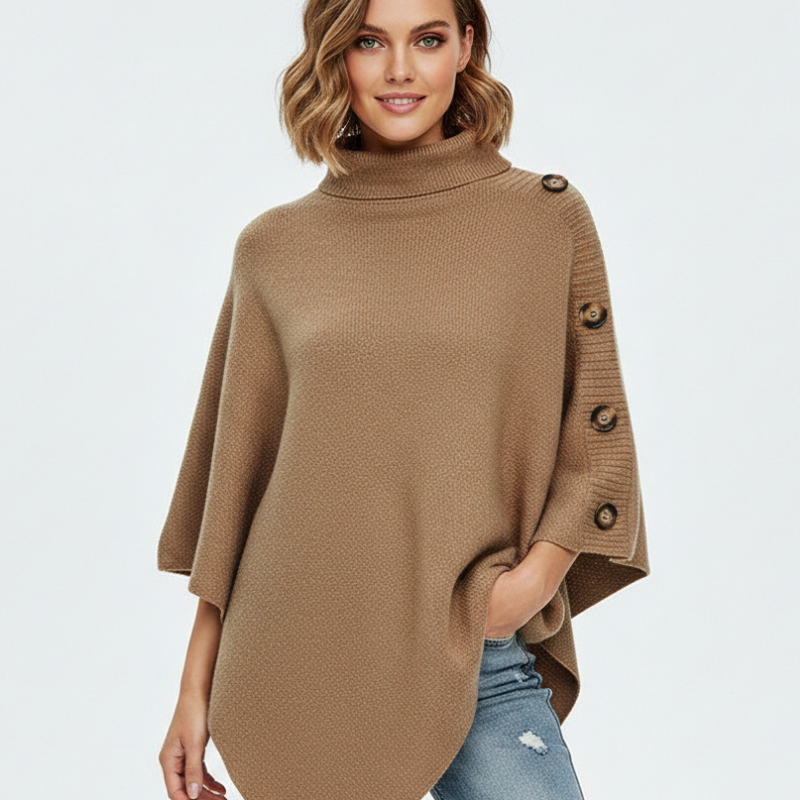 Poncho Maille Col Roulé Boutons Latéraux Confort Élégant