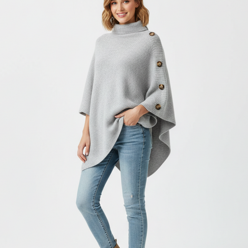 Poncho Maille Col Roulé Boutons Latéraux Confort Élégant