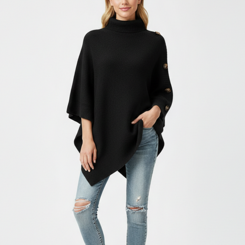 Poncho Maille Col Roulé Boutons Latéraux Confort Élégant