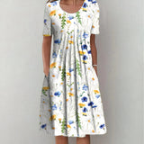 Robe Midi Florale Évasée Manches Courtes Élégance