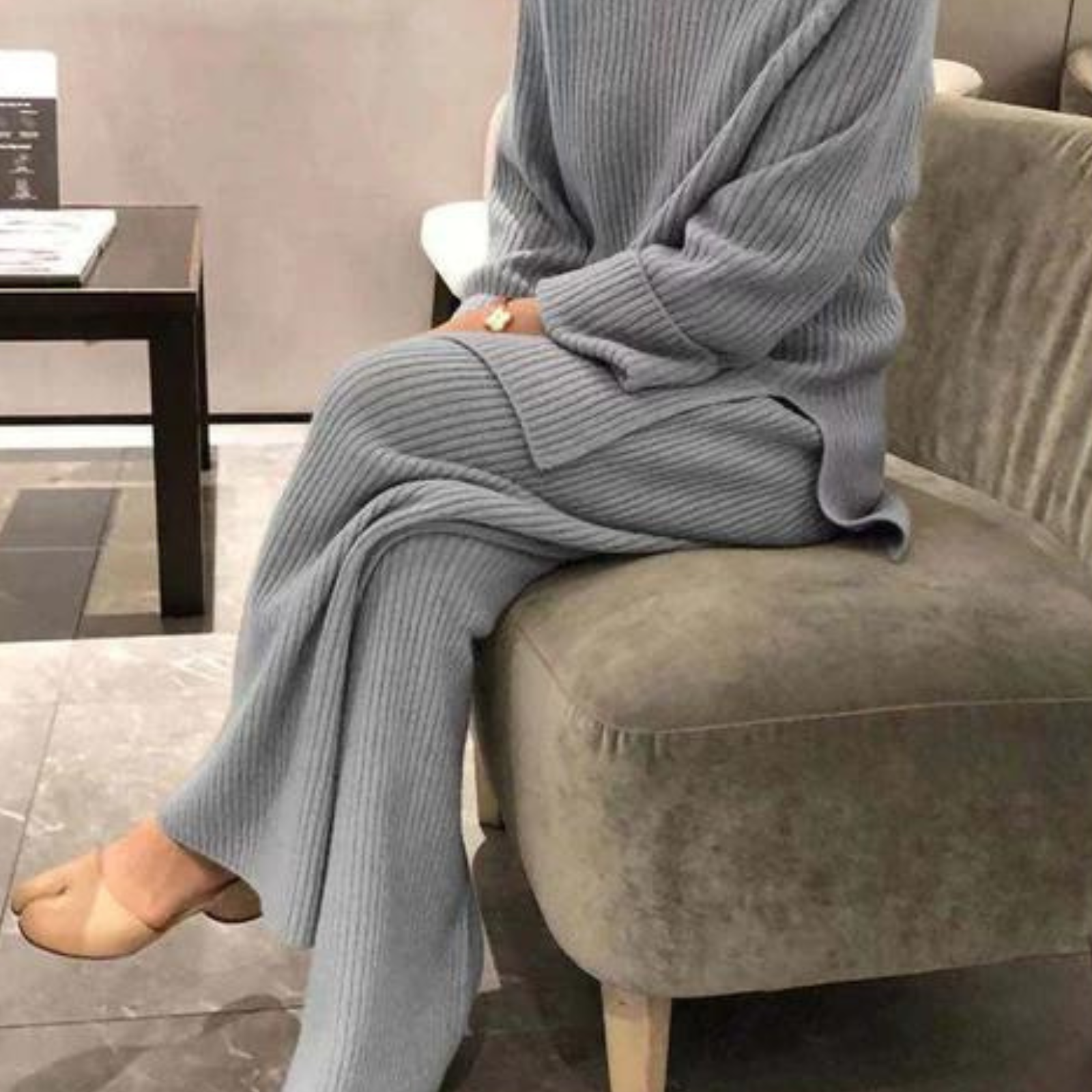 Ensemble Femme Tricot Côtelé Pull Ample et Pantalon Large