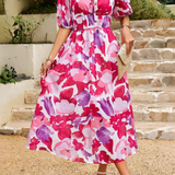 Robe Midi Fleurie à Col V et Manches Courtes