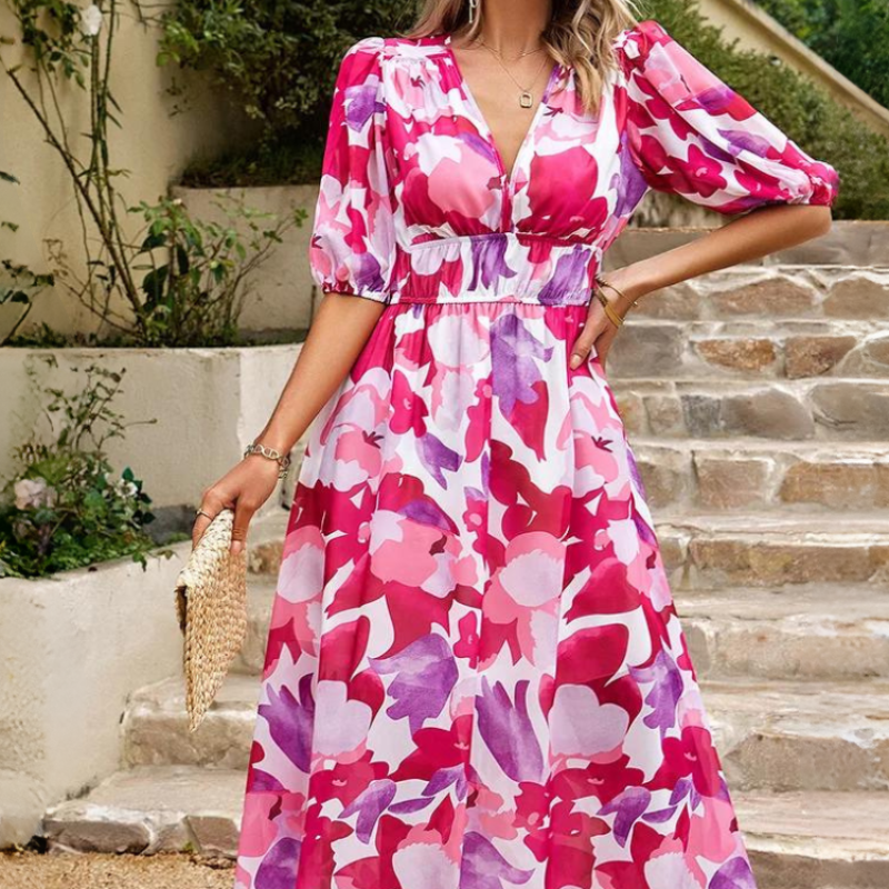 Robe Midi Fleurie à Col V et Manches Courtes