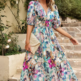 Robe Midi Fleurie à Col V et Manches Courtes